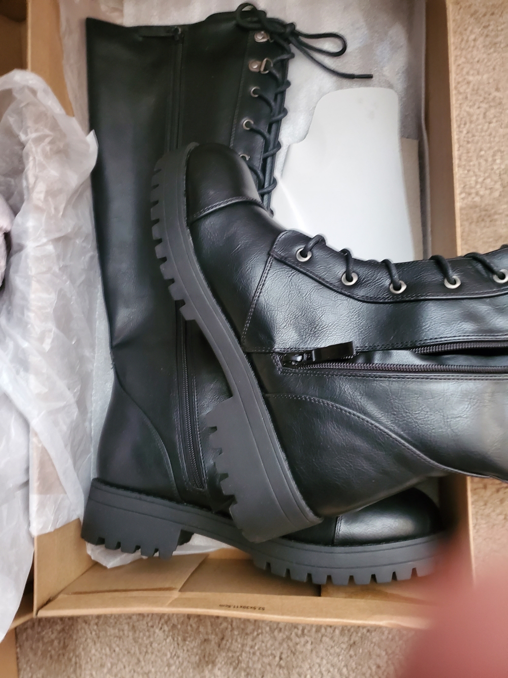 Ladie's Black Lace-Up Tall Combat Boots with Side Zip Size 10